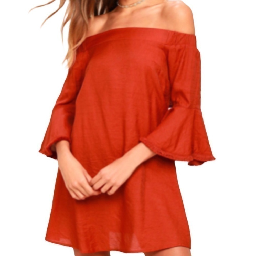 Lulu’s Day Out Rust Orange Off the Shoulder Mini Dress M